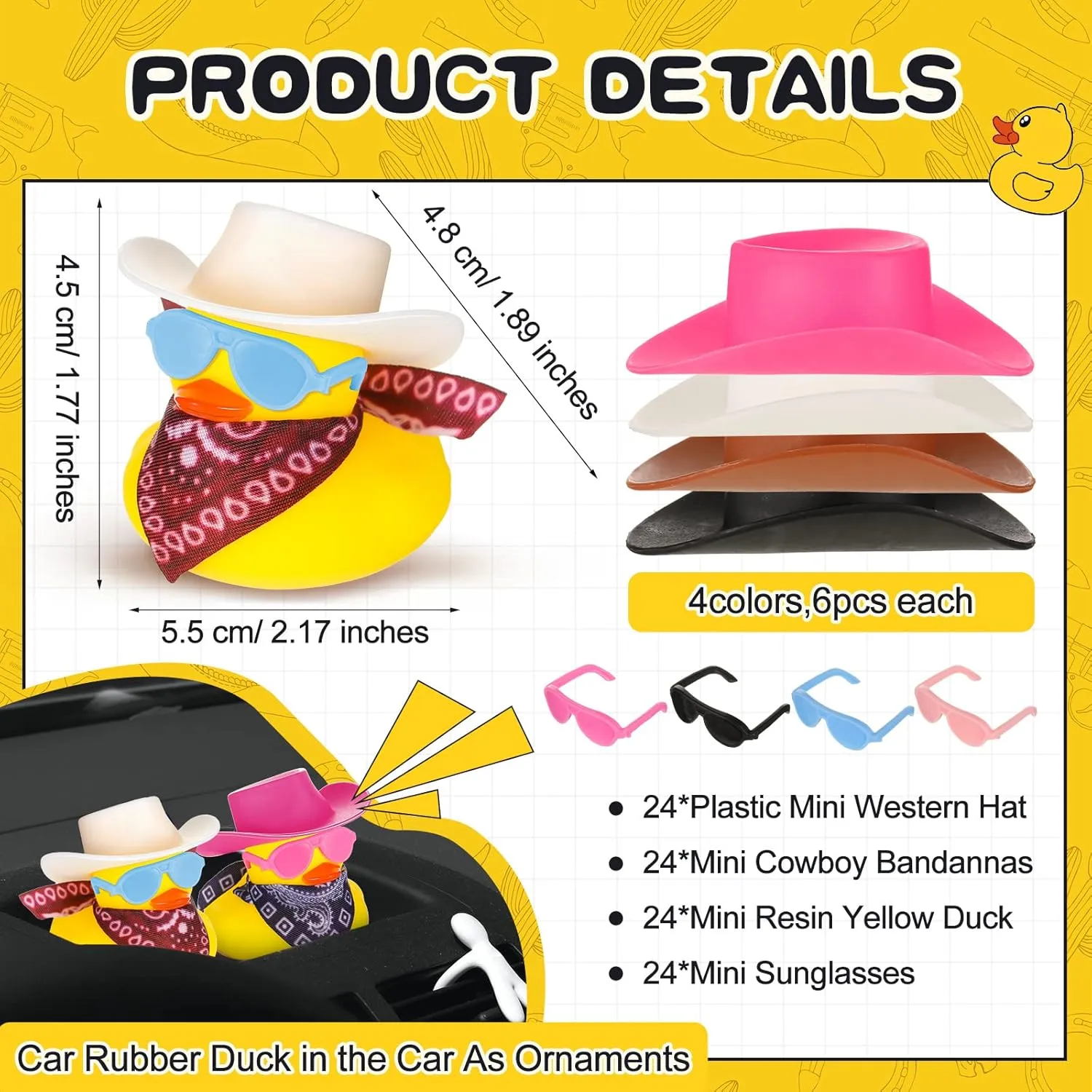 Hanaive 24 Sets Disco Cowboy Rubber Duck with Light up Mini Holographic Space Hat Scarf Sunglasses Cute Bath Rubber Duck Bathtub Accessories Toy Baby Shower Birthday Christmas Supplies (Cute Style)