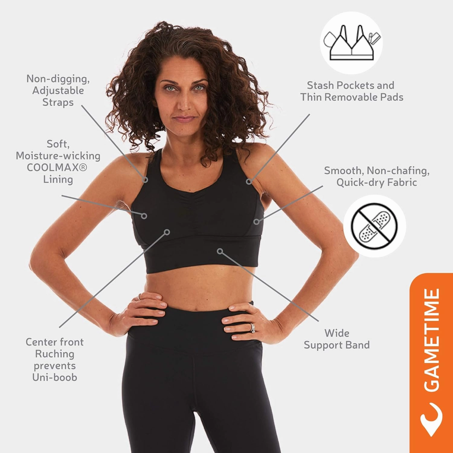 Handful Gametime Women's High Impact Sports Bra, Removable Pad Inserts, Wire Free, Cross Back, Adjustable Running Bra