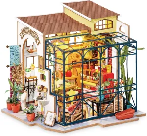 Hands Craft DIY Miniature Dollhouse Kit – Emily's Flower Shop 3D Model Tiny House Building with LED Lights | Detailed Floral Shop Diorama | Wooden Puzzle | Gift for Flower Lovers & Crafters