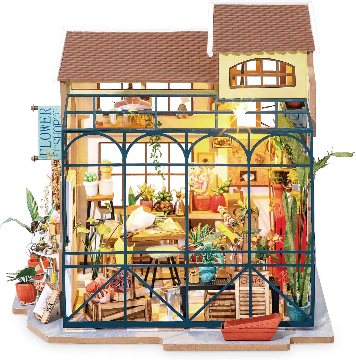 Hands Craft DIY Miniature Dollhouse Kit – Emily's Flower Shop 3D Model Tiny House Building with LED Lights | Detailed Floral Shop Diorama | Wooden Puzzle | Gift for Flower Lovers & Crafters