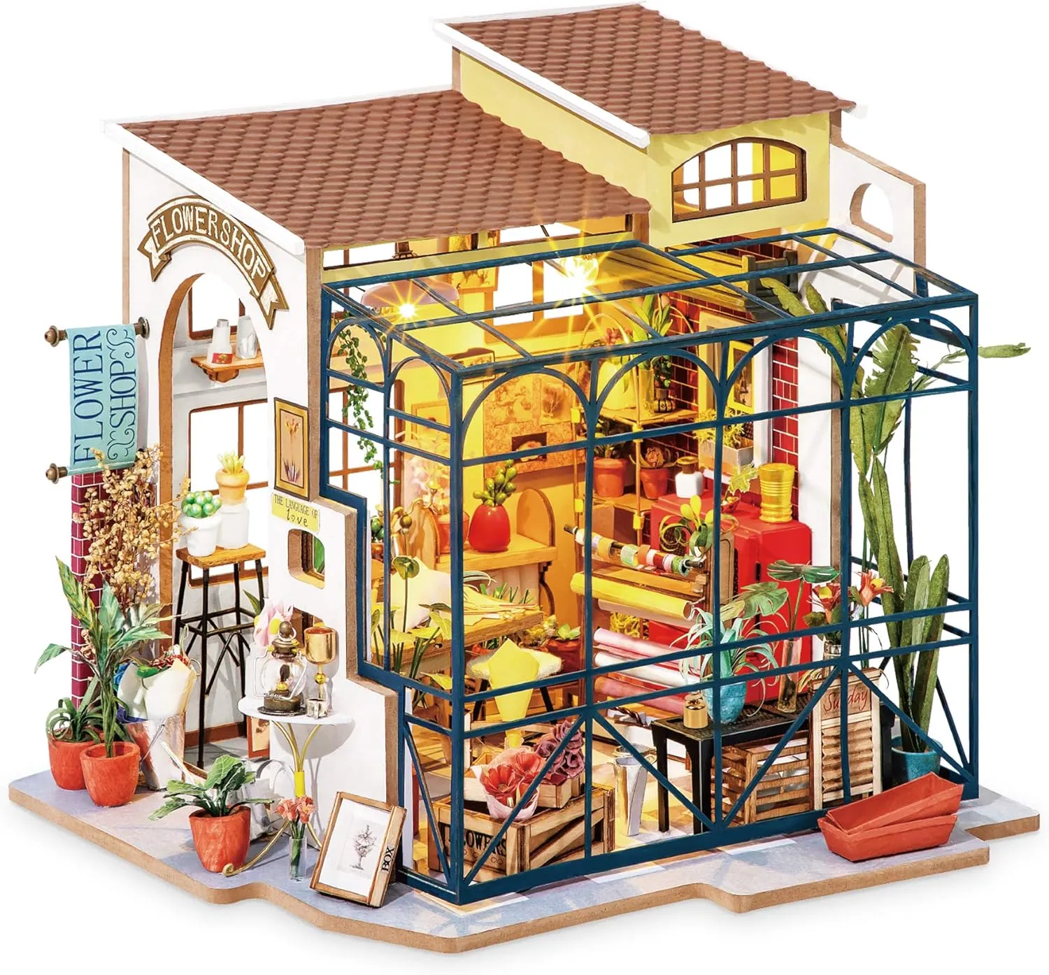 Hands Craft DIY Miniature Dollhouse Kit – Emily's Flower Shop 3D Model Tiny House Building with LED Lights | Detailed Floral Shop Diorama | Wooden Puzzle | Gift for Flower Lovers & Crafters