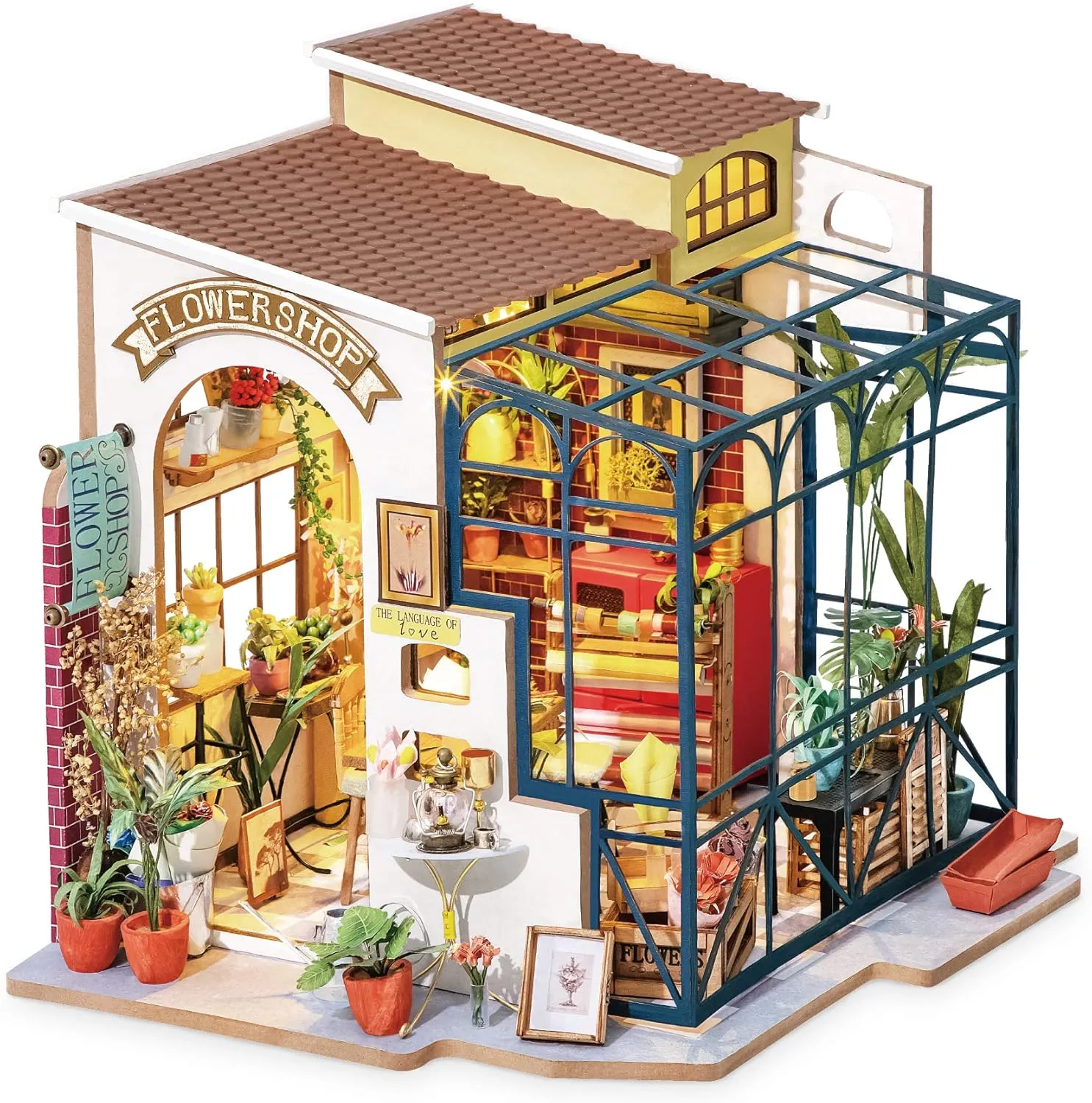 Hands Craft DIY Miniature Dollhouse Kit – Emily's Flower Shop 3D Model Tiny House Building with LED Lights | Detailed Floral Shop Diorama | Wooden Puzzle | Gift for Flower Lovers & Crafters