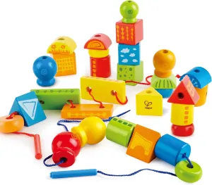 Hape String-Along Shapes | Classic 32 Piece Wooden Block Stacking Game, Multi-Colored Lacing Toy