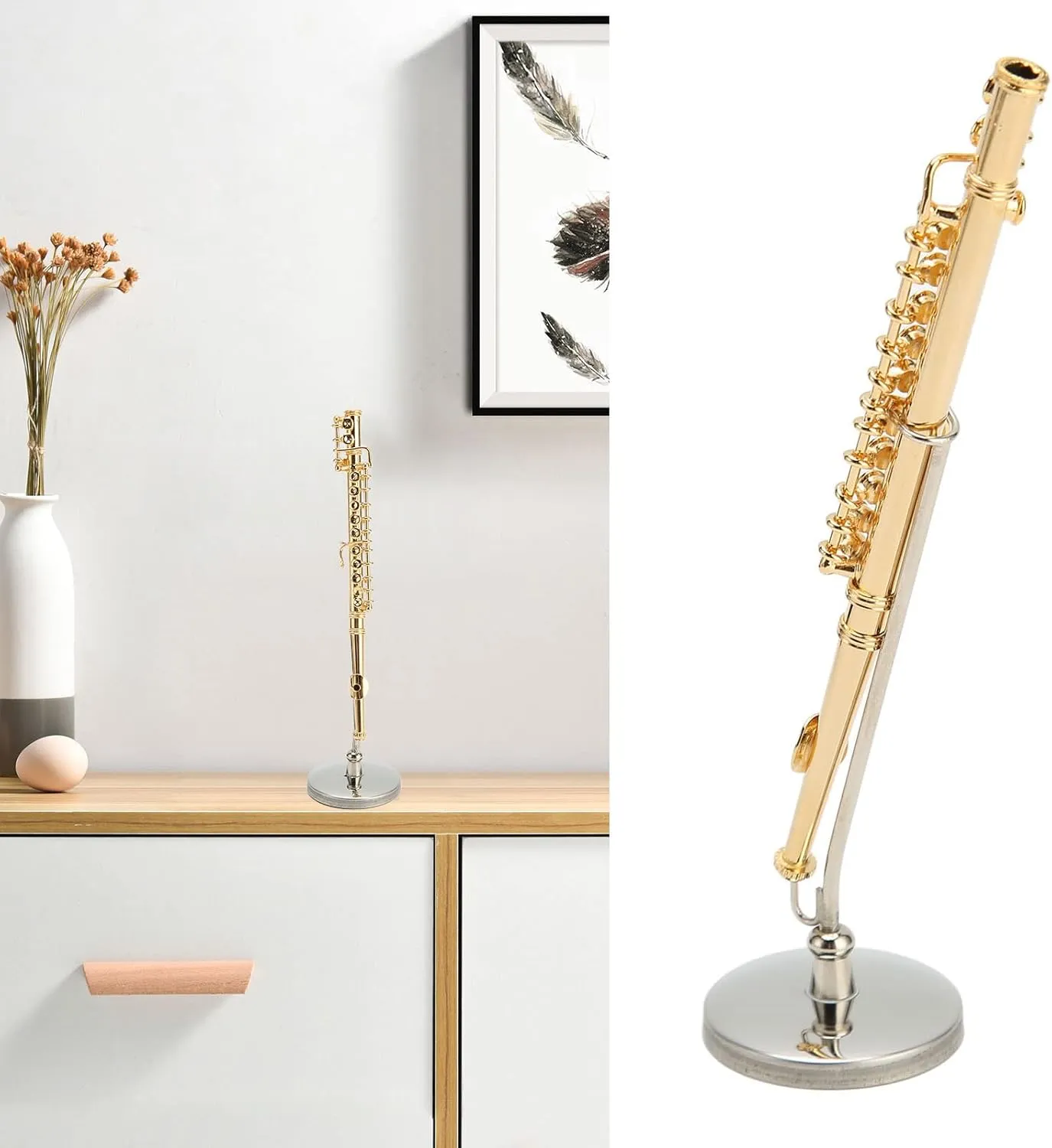 Hapivida Miniature Flute, 4.3in Mini Musical Instrument Model Copper Flute Home Ornament Dollhouse Model with Stand and Case