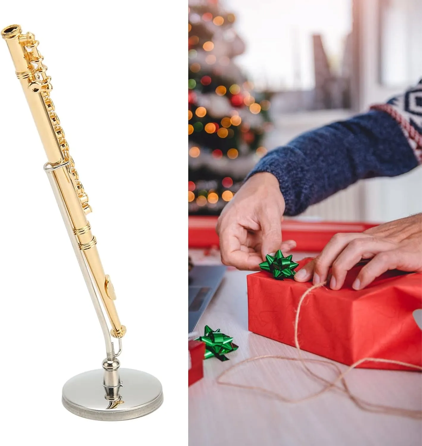 Hapivida Miniature Flute, 4.3in Mini Musical Instrument Model Copper Flute Home Ornament Dollhouse Model with Stand and Case