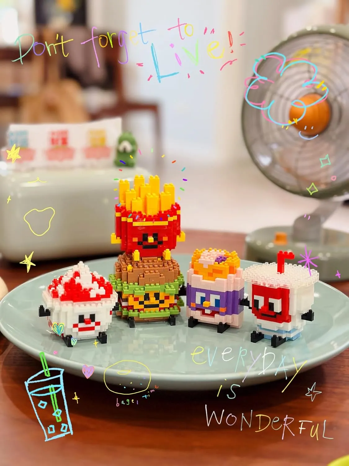 Happy Food Cute Food Series Mini Bricks Micro Building Kit Toys Desktop Ornaments Compatible Nano Kids (12 Sets of Happy Food)