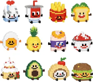 Happy Food Cute Food Series Mini Bricks Micro Building Kit Toys Desktop Ornaments Compatible Nano Kids (12 Sets of Happy Food)