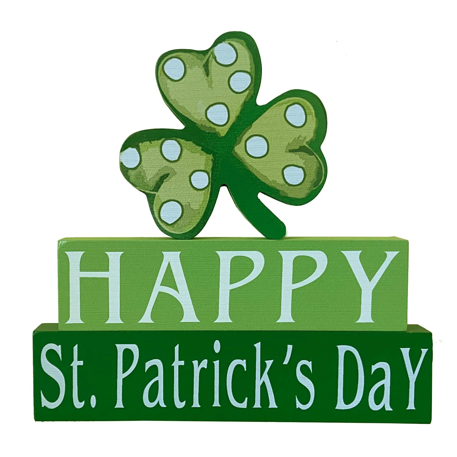Happy St. Patrick's Day Wood Block Table Sign, Wooden Shamrock Table Top Decorations Tiered Trays Desk Shelf Irish Home Office Coffee Bar Decor 3 Pieces Green
