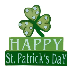 Happy St. Patrick's Day Wood Block Table Sign, Wooden Shamrock Table Top Decorations Tiered Trays Desk Shelf Irish Home Office Coffee Bar Decor 3 Pieces Green