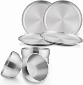HaWare Kids Plates and Bowls, 8 Pieces Stainless Steel Dish Set, Reusable Dinnerware for Camping, Hiking, Travel, Picnic, Non-toxic Tableware set for Kids Self-feeding, Dishwasher Safe