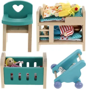 HEMOTON 1:12 Scale Wooden Dollhouse Furniture Set, Mini House Ornament DIY Ornament Mini Simulated Furniture Mini House Bed Walker,Blue