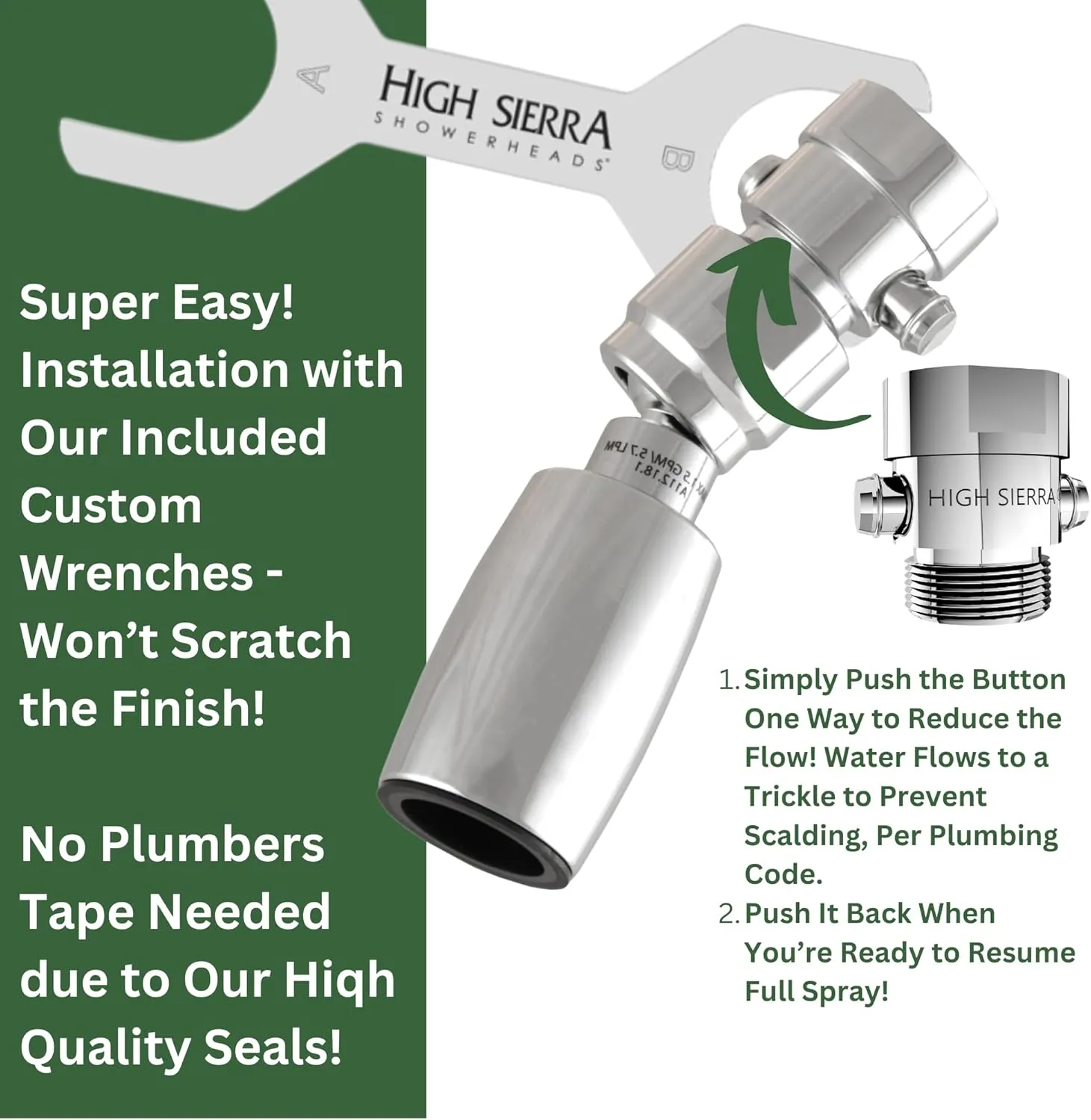 High Sierra Showerheads® - CLASSIC™ Solid Metal 1.8 GPM Award Winning, Low Flow Shower Head with Trickle Valve, Patented Nozzle Never Clogs - Polished Chrome Finish