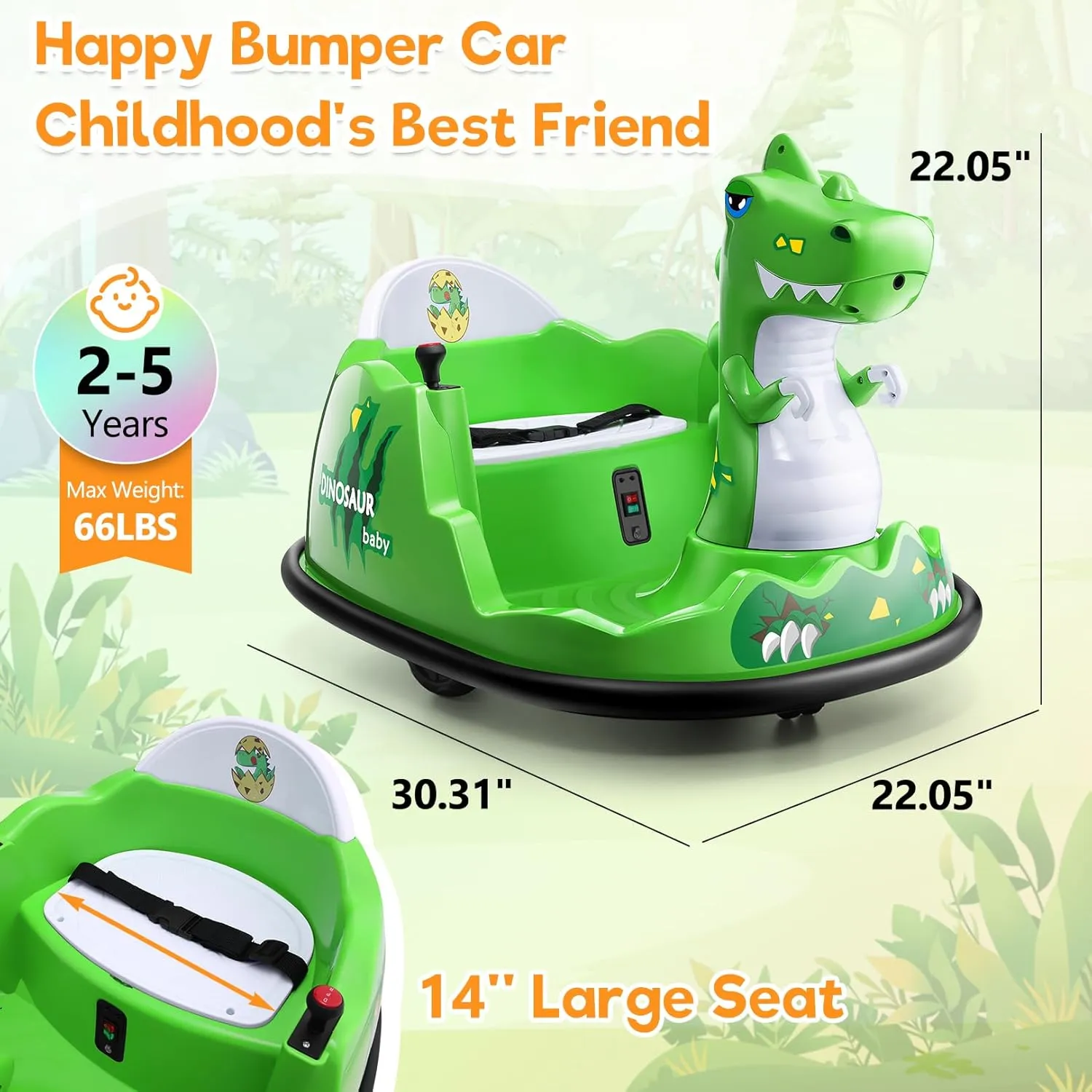 Hikole Toddler Bumper Car for Kids 1.5-6, 12V Baby Ride on Bumper Cars with Remote Control, 360 Degree Spin, Music, LED Lights, Wide Seat, Spray, Electric Ride on Toys Boys Girls, Green Dinosaur