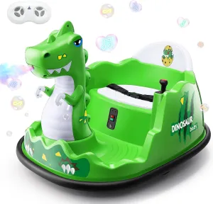 Hikole Toddler Bumper Car for Kids 1.5-6, 12V Baby Ride on Bumper Cars with Remote Control, 360 Degree Spin, Music, LED Lights, Wide Seat, Spray, Electric Ride on Toys Boys Girls, Green Dinosaur