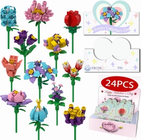 Holiday Day Gifts, 24 Pack Flower Building Blocks Kits with Greeting Cards for School Classroom, Rose Toys for 6  Years Old Teens, Holiday Party Exchange Favor Romantic