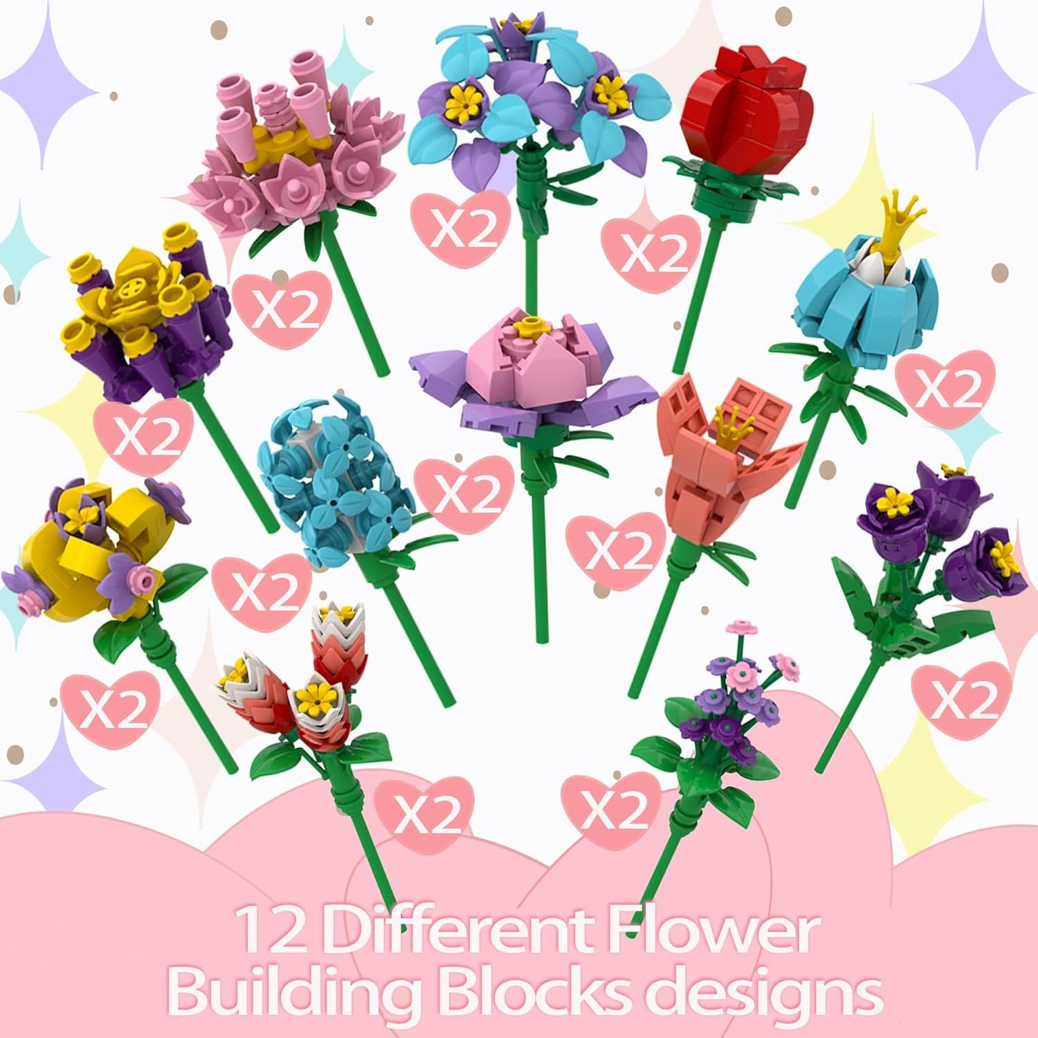 Holiday Day Gifts, 24 Pack Flower Building Blocks Kits with Greeting Cards for School Classroom, Rose Toys for 6  Years Old Teens, Holiday Party Exchange Favor Romantic