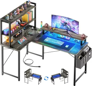 Homieasy L Shaped Computer Desk with Bookshelf, 47 Inch Reversible Corner Gaming Desk with Charging Station & Led Light, Home Office Desk with Hutch Monitor Stand Storage Shelves Bag, Black Oak
