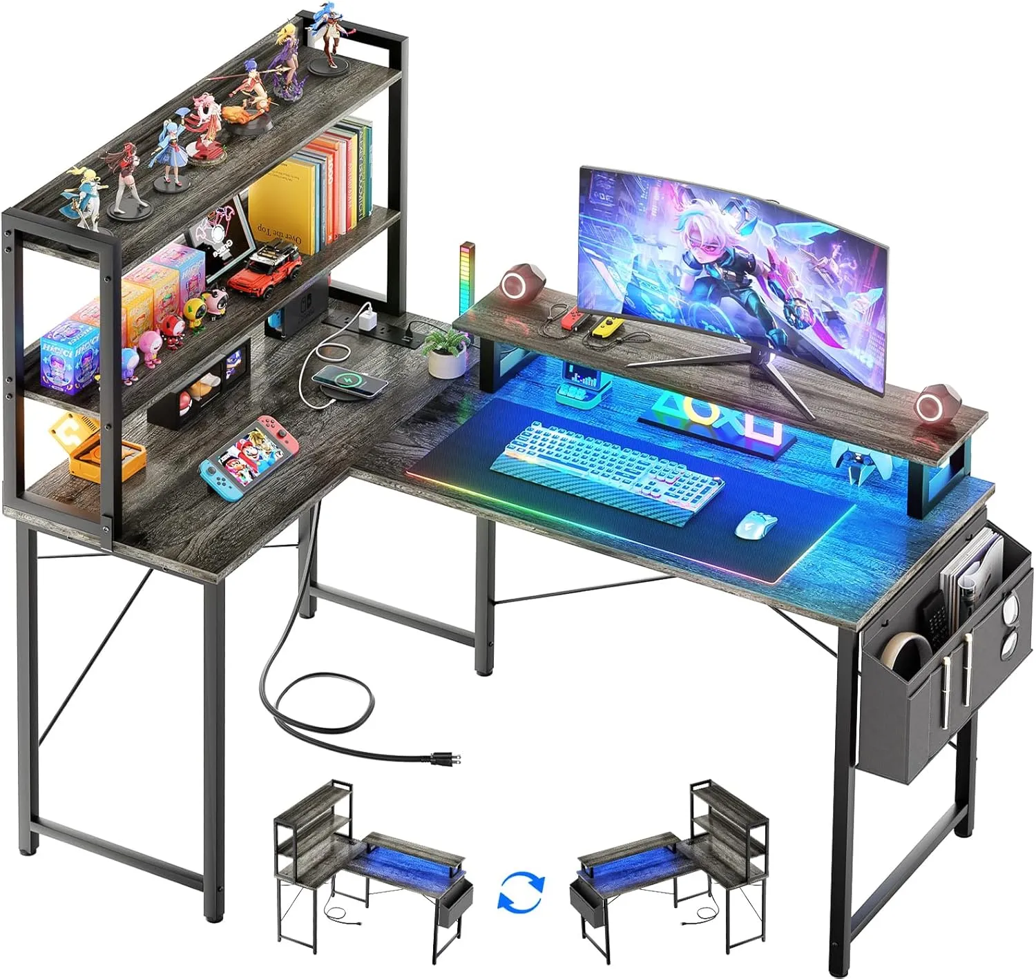 Homieasy L Shaped Computer Desk with Bookshelf, 47 Inch Reversible Corner Gaming Desk with Charging Station & Led Light, Home Office Desk with Hutch Monitor Stand Storage Shelves Bag, Black Oak