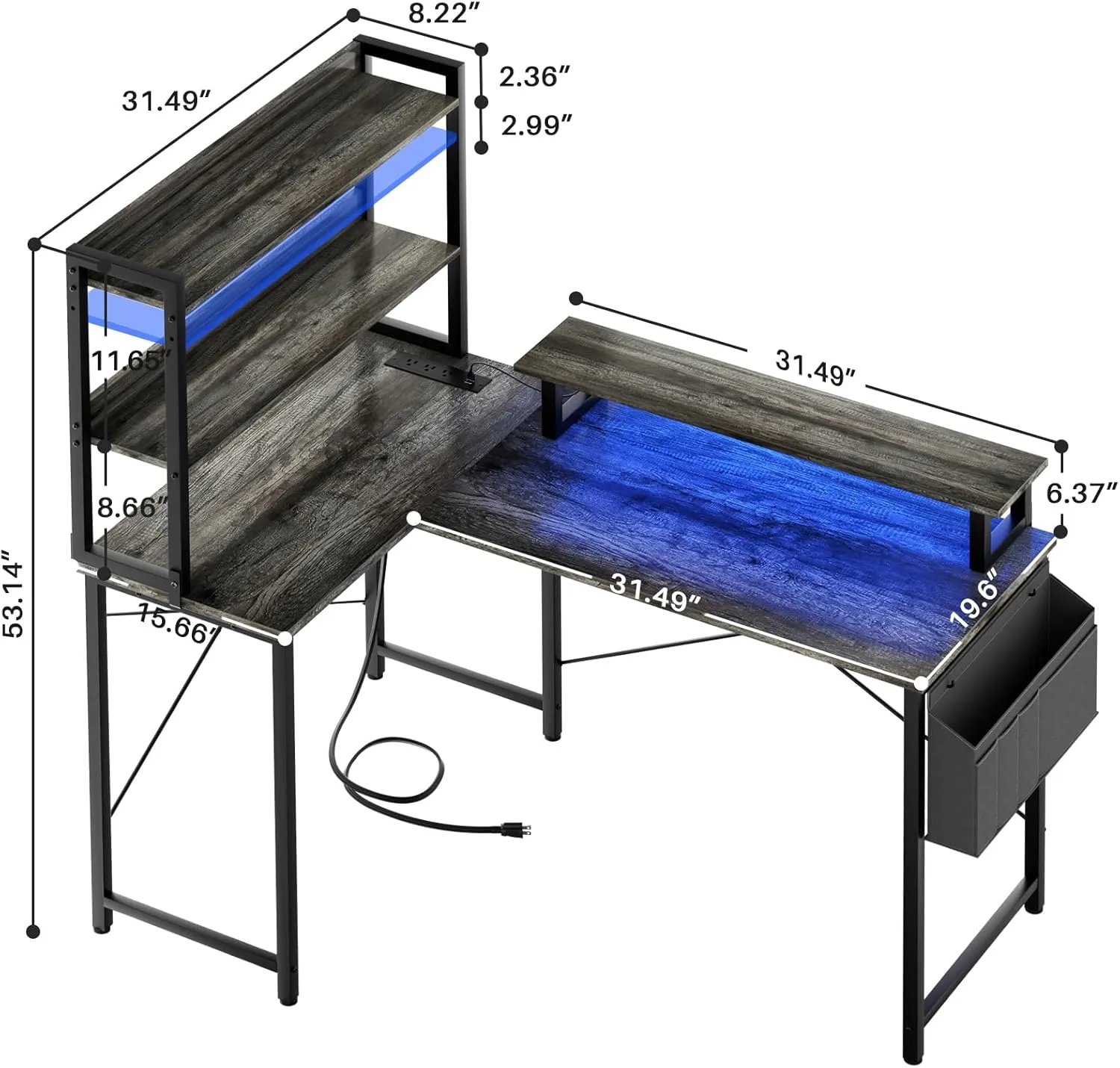 Homieasy L Shaped Computer Desk with Bookshelf, 47 Inch Reversible Corner Gaming Desk with Charging Station & Led Light, Home Office Desk with Hutch Monitor Stand Storage Shelves Bag, Black Oak