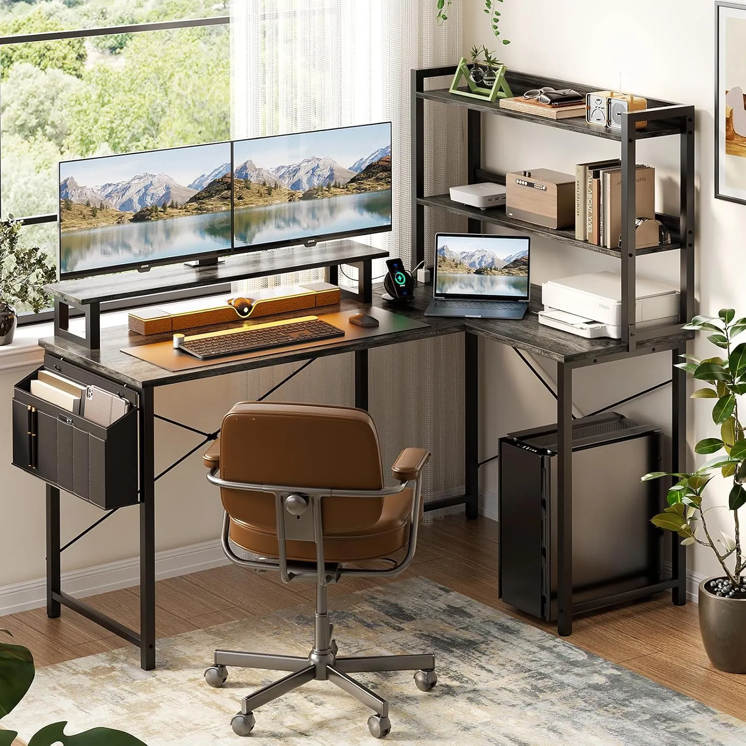 Homieasy L Shaped Computer Desk with Bookshelf, 47 Inch Reversible Corner Gaming Desk with Charging Station & Led Light, Home Office Desk with Hutch Monitor Stand Storage Shelves Bag, Black Oak