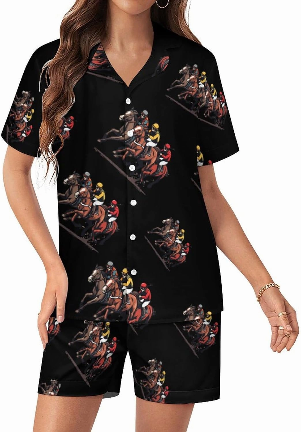 Horse Racing Women's Satin Pajama Set Short Sleeve Button Down Sleepwear Loungewear Pj Set