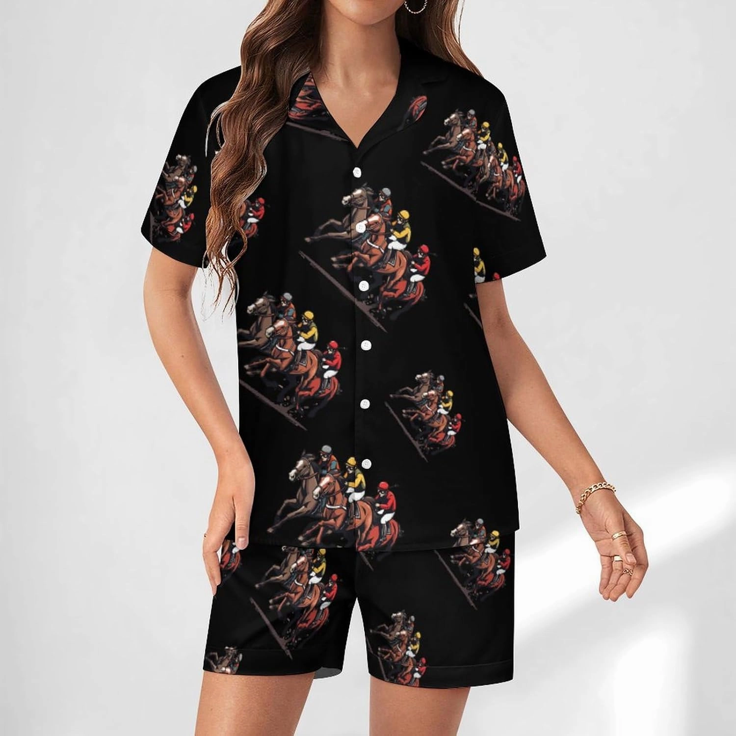 Horse Racing Women's Satin Pajama Set Short Sleeve Button Down Sleepwear Loungewear Pj Set