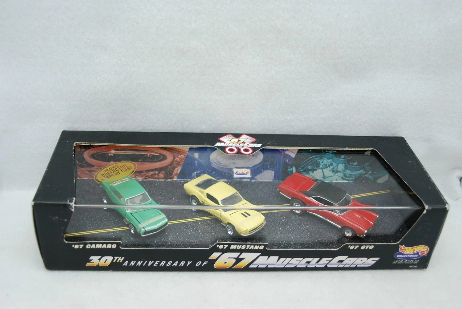 Hot Wheels Collectibles - 30th Anniversary of '67 Muscle Cars - 1:64 Scale Classic Collector 3Car Set Mounted in Collector Display Case. Includes '67 Camaro, Mustang and GTO Car Replicas