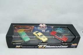 Hot Wheels Collectibles - 30th Anniversary of '67 Muscle Cars - 1:64 Scale Classic Collector 3Car Set Mounted in Collector Display Case. Includes '67 Camaro, Mustang and GTO Car Replicas