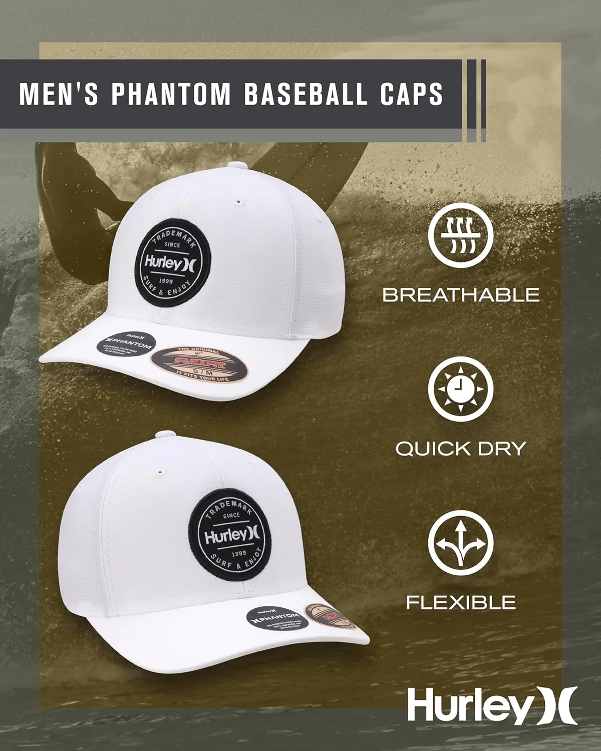 Hurley Men's Caps - Flexfit and Quick-Dry Phantom Baseball Caps for Men with Sweatband - Classic Mens Trucker Hats (S-XL)