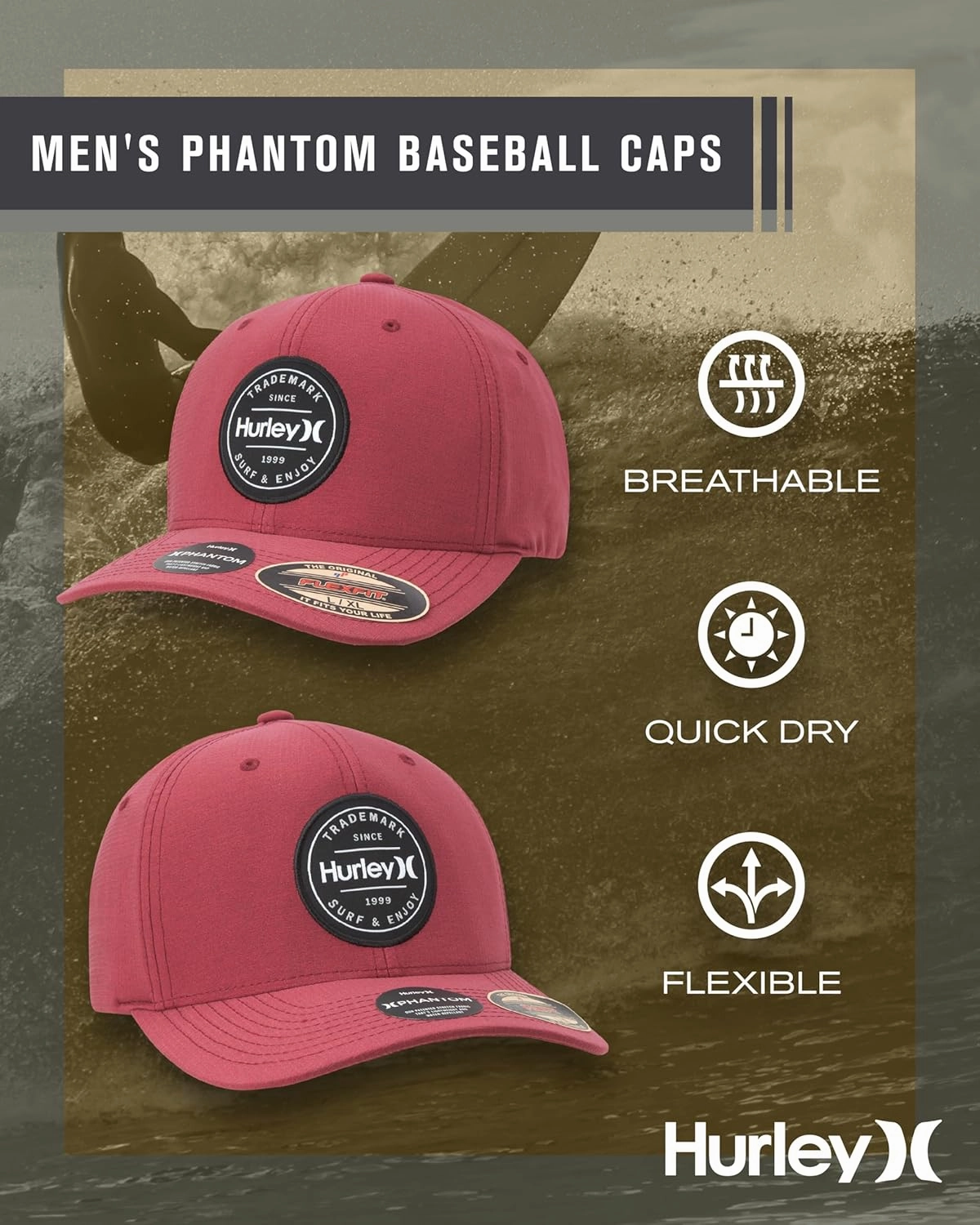 Hurley Men's Caps - Flexfit and Quick-Dry Phantom Baseball Caps for Men with Sweatband - Classic Mens Trucker Hats (S-XL)