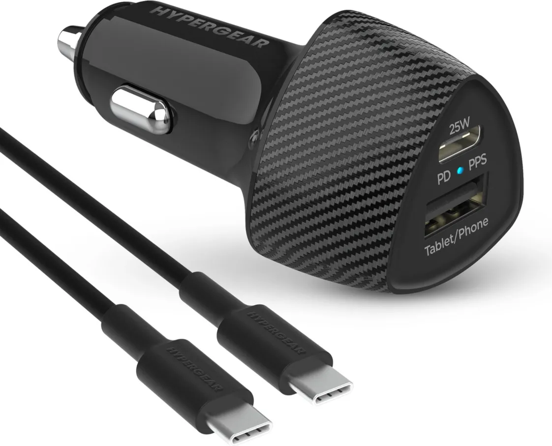 HyperGear SpeedBoost 25W USB-C PD   12W USB Fast CLA Car Charger w/ PPS 4ft USB-C Cable - Black