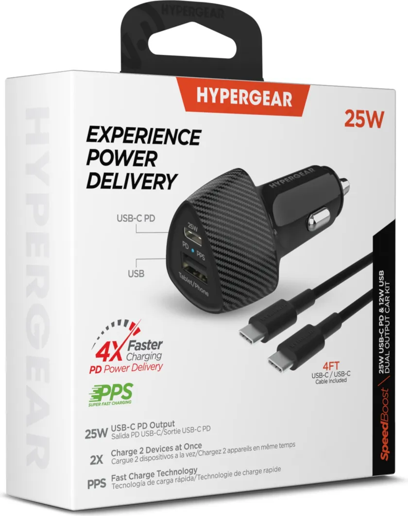 HyperGear SpeedBoost 25W USB-C PD   12W USB Fast CLA Car Charger w/ PPS 4ft USB-C Cable - Black