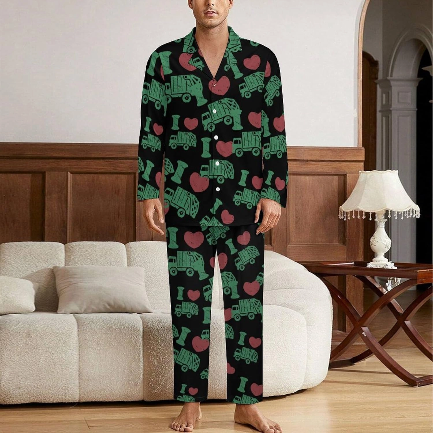 I Love Garbage Truck Pajamas for Women Men Sleepwear Long Sleeve Button Down Nightwear Lounge Pjs