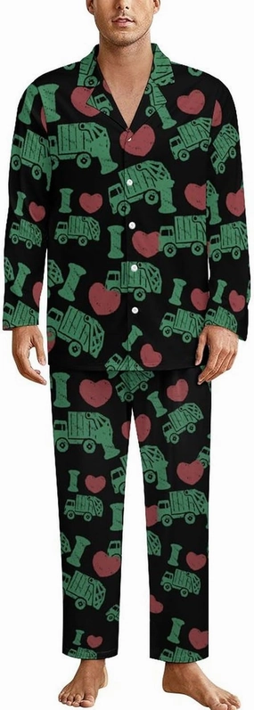 I Love Garbage Truck Pajamas for Women Men Sleepwear Long Sleeve Button Down Nightwear Lounge Pjs
