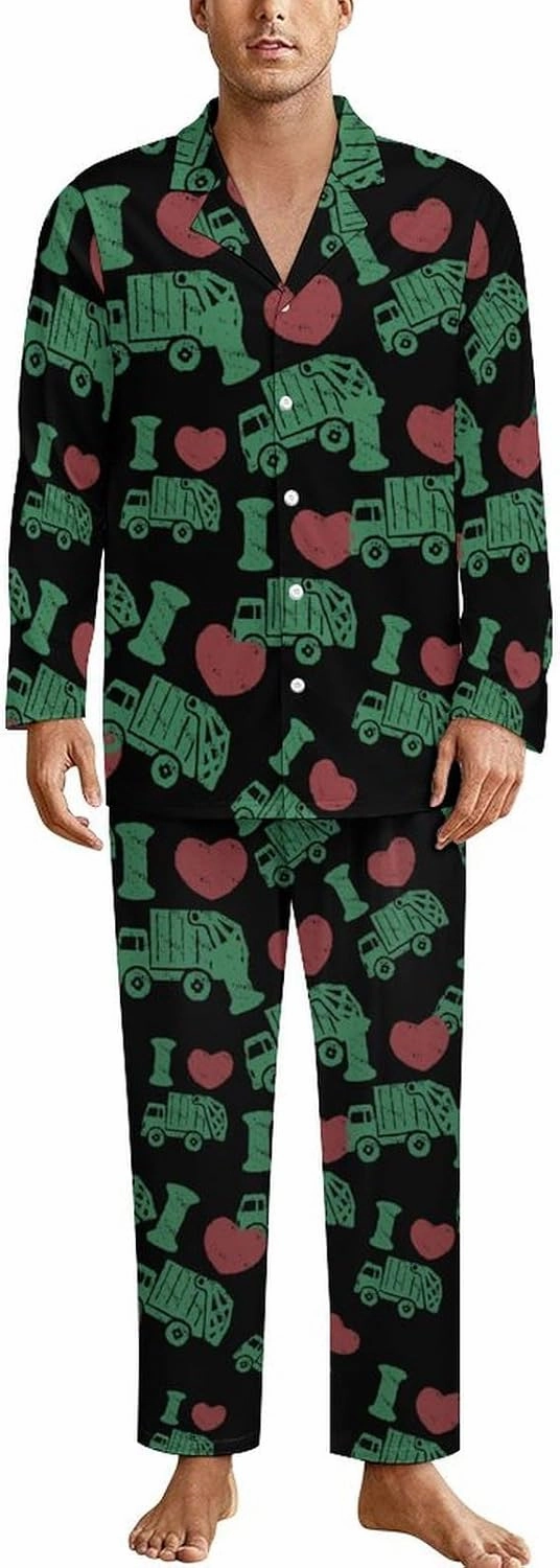 I Love Garbage Truck Pajamas for Women Men Sleepwear Long Sleeve Button Down Nightwear Lounge Pjs