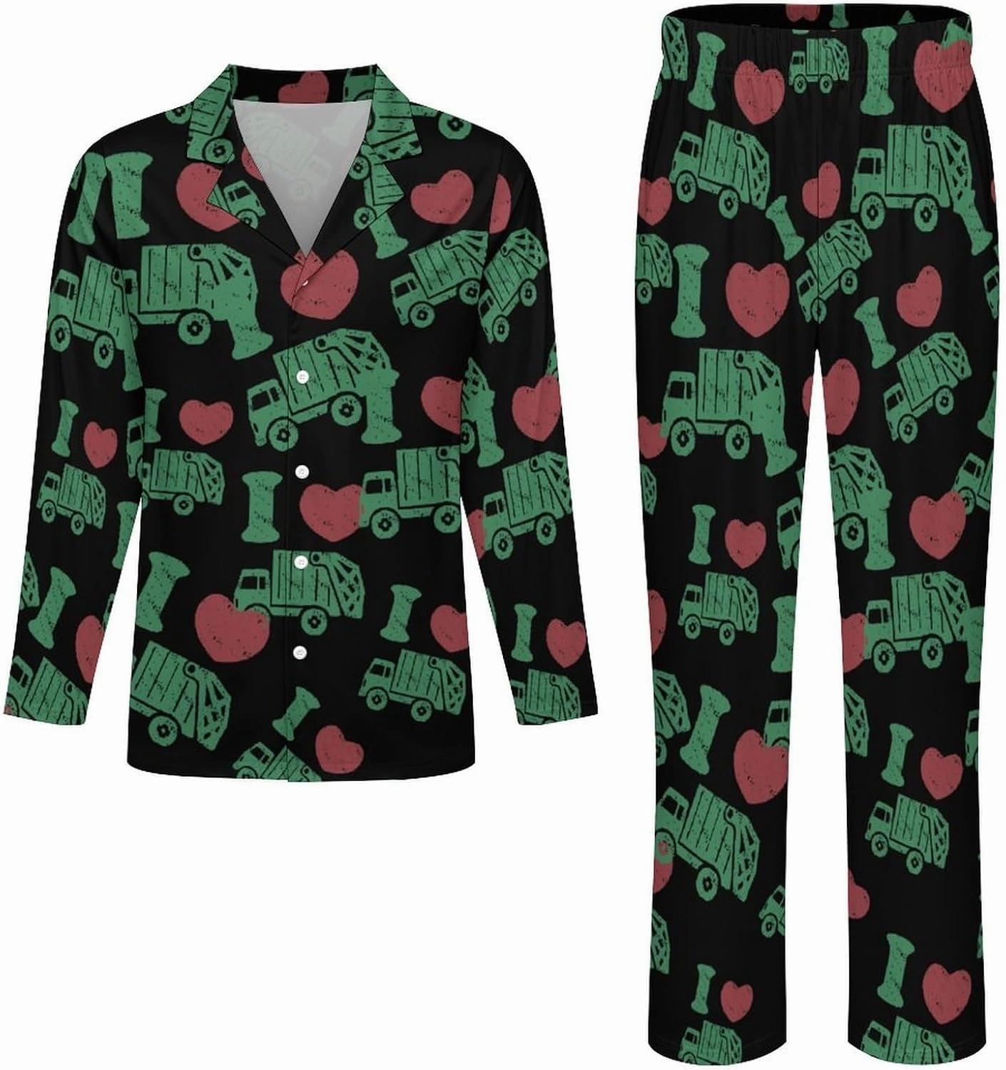 I Love Garbage Truck Pajamas for Women Men Sleepwear Long Sleeve Button Down Nightwear Lounge Pjs