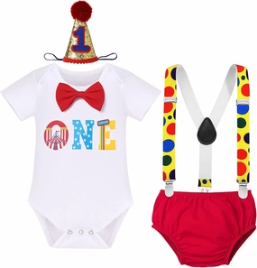 IBTOM CASTLE Circus Carnival Theme 1st Birthday Cake Smash Outfit for Baby Boy Suspenders Bowtie Hat Photo Props Costume