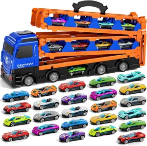 iHaHa 78 inches Transport Truck with 24pcs Die-Cast Cars Toys, Cars Toddler Toys Gifts for 2 3 4 5 6 7 Years Old Boys Girls Kids, Boys Toys Age 3-5 4-7