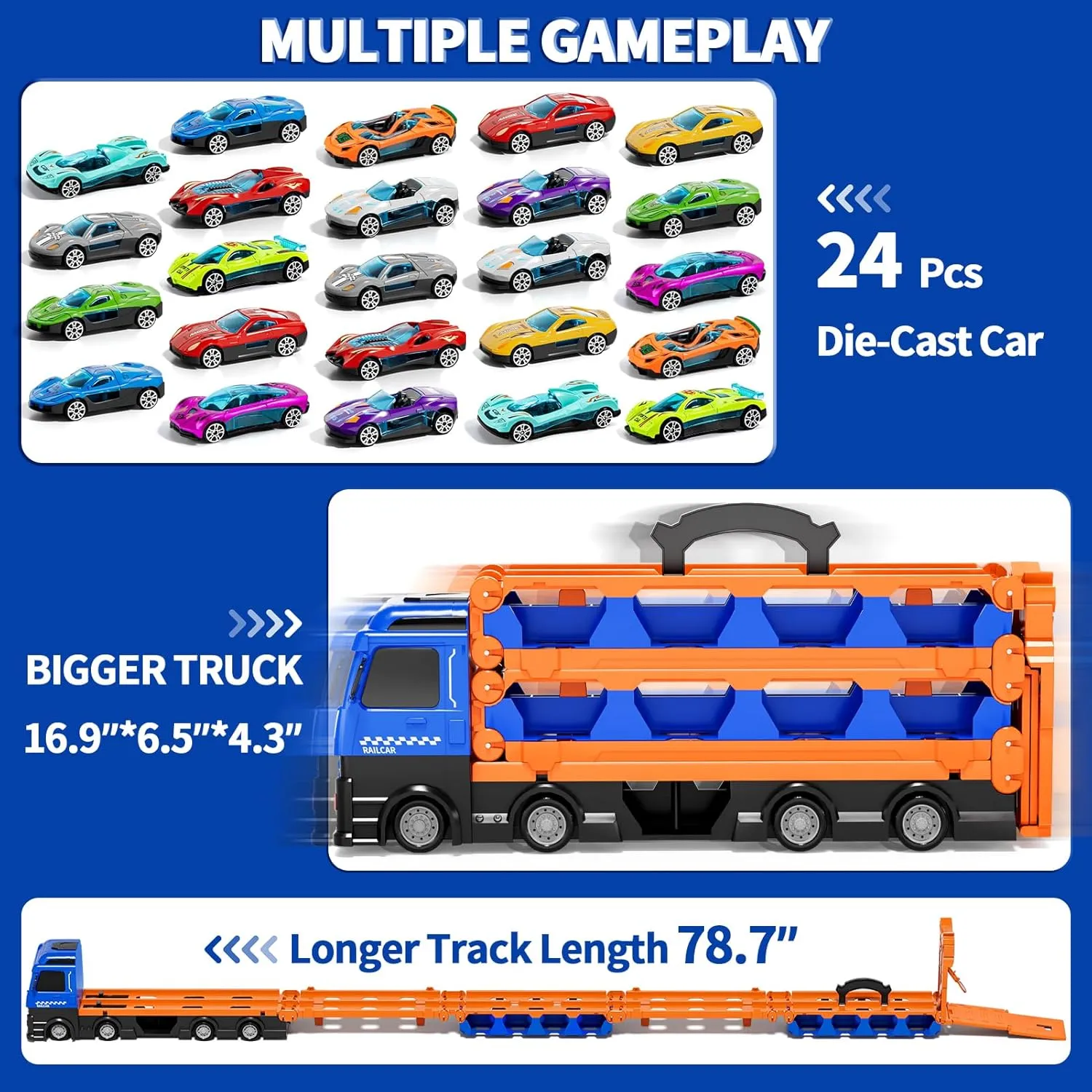 iHaHa 78 inches Transport Truck with 24pcs Die-Cast Cars Toys, Cars Toddler Toys Gifts for 2 3 4 5 6 7 Years Old Boys Girls Kids, Boys Toys Age 3-5 4-7