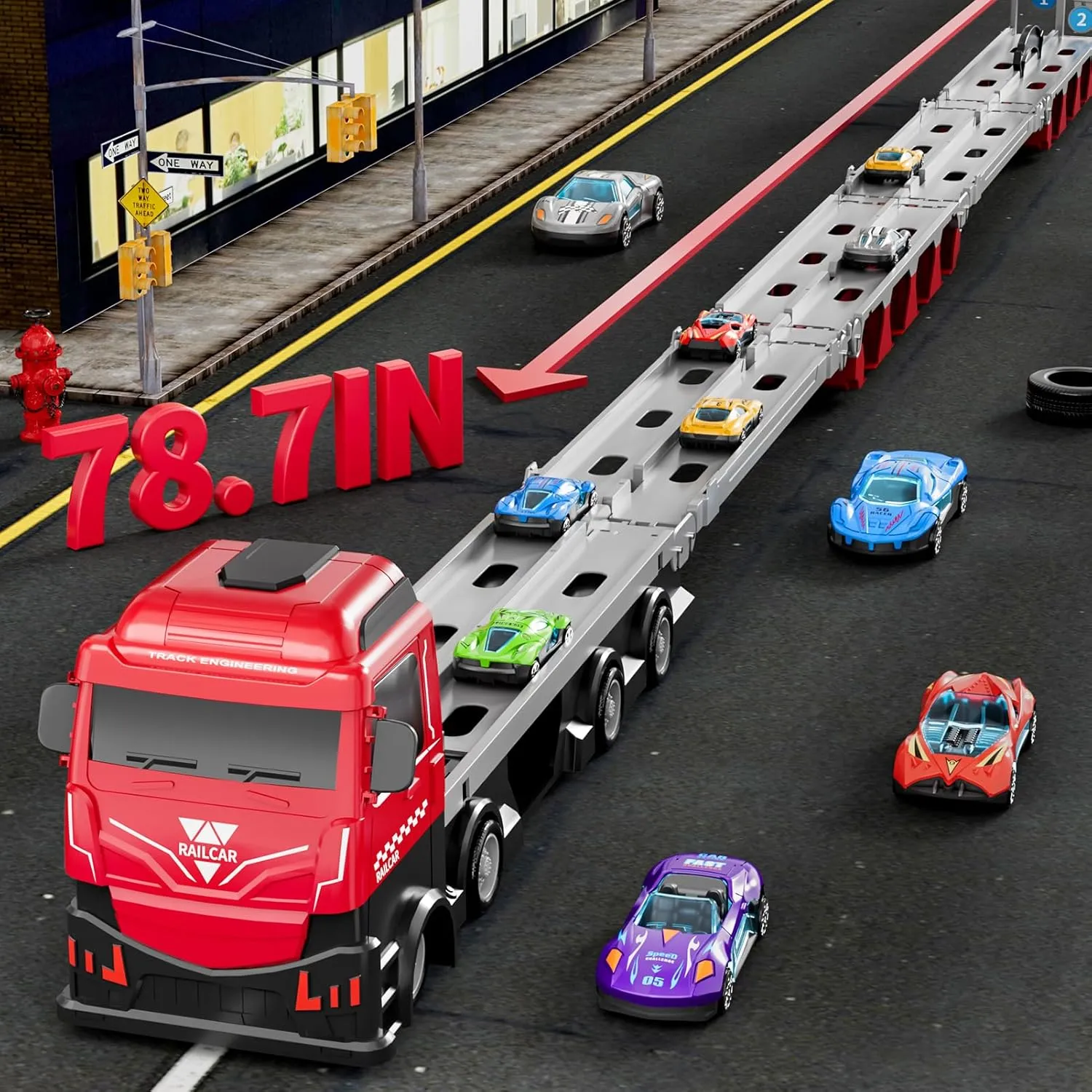 IHAHA 78 inches Transport Truck with 24pcs Die-Cast Cars Toys, Cars Toddler Toys Gifts for 2-7 Years Old Boys & Girls, Blue Modern Truck Toys