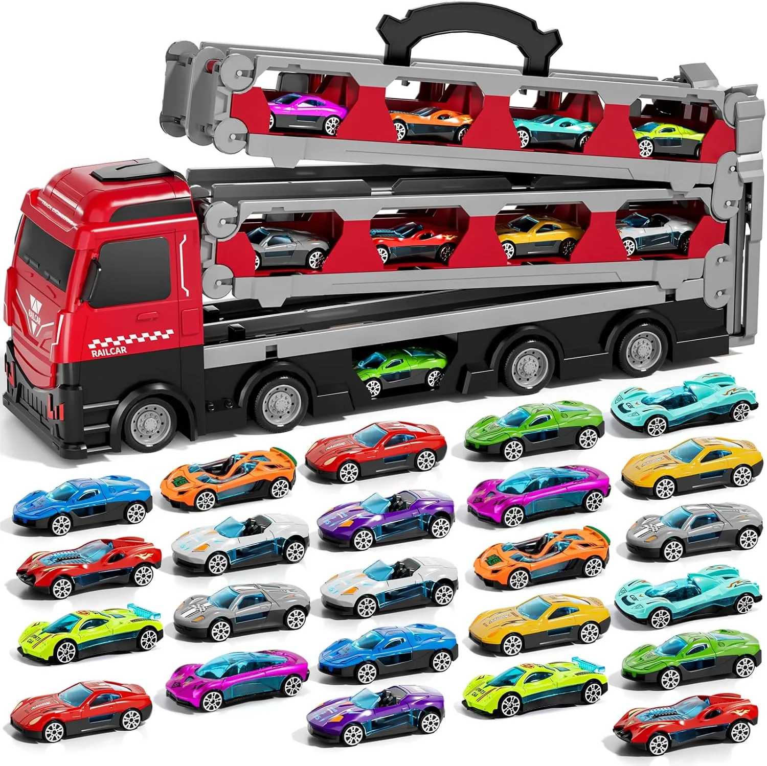 IHAHA 78 inches Transport Truck with 24pcs Die-Cast Cars Toys, Cars Toddler Toys Gifts for 2-7 Years Old Boys & Girls, Blue Modern Truck Toys