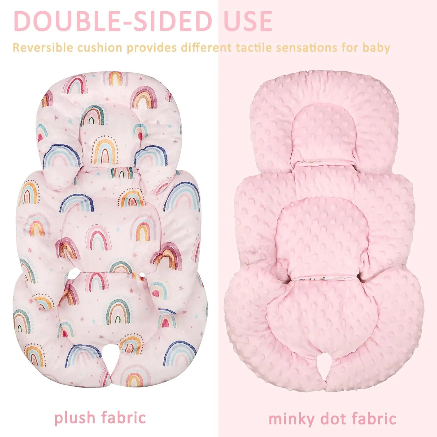 Infant Car Seat Insert Cushion, Super Soft Baby Car Seat Head Support & 2 Straps Pads, Reversible Preemie Newborn Carseat Insert, Fit Car Seat, Stroller, Infant Bouncer, Pink Rainbow