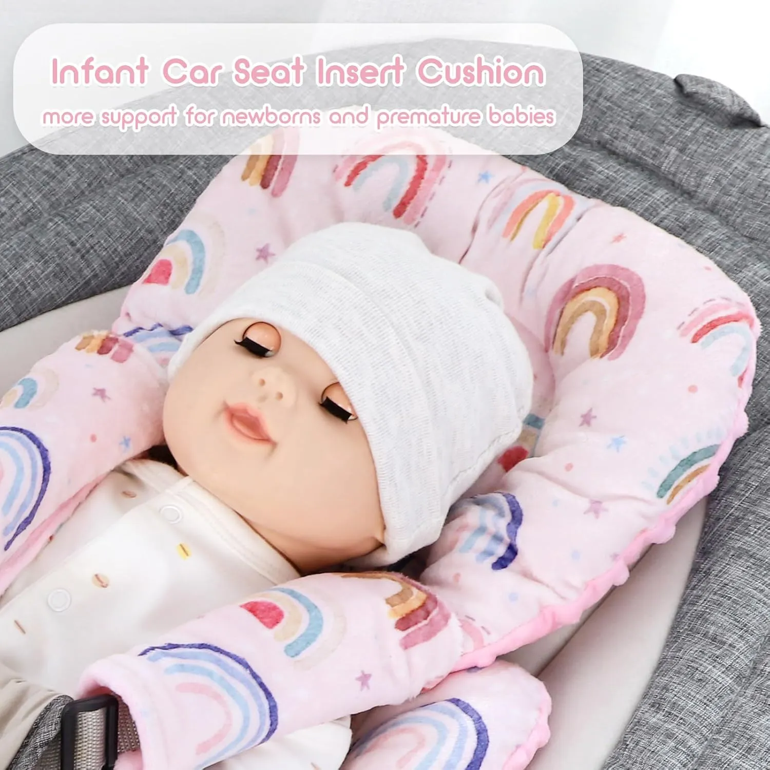 Infant Car Seat Insert Cushion, Super Soft Baby Car Seat Head Support & 2 Straps Pads, Reversible Preemie Newborn Carseat Insert, Fit Car Seat, Stroller, Infant Bouncer, Pink Rainbow