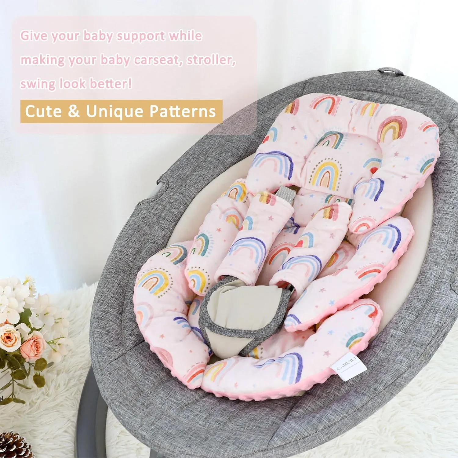 Infant Car Seat Insert Cushion, Super Soft Baby Car Seat Head Support & 2 Straps Pads, Reversible Preemie Newborn Carseat Insert, Fit Car Seat, Stroller, Infant Bouncer, Pink Rainbow