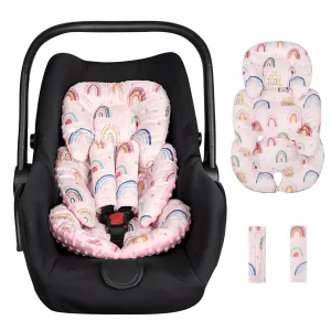 Infant Car Seat Insert Cushion, Super Soft Baby Car Seat Head Support & 2 Straps Pads, Reversible Preemie Newborn Carseat Insert, Fit Car Seat, Stroller, Infant Bouncer, Pink Rainbow