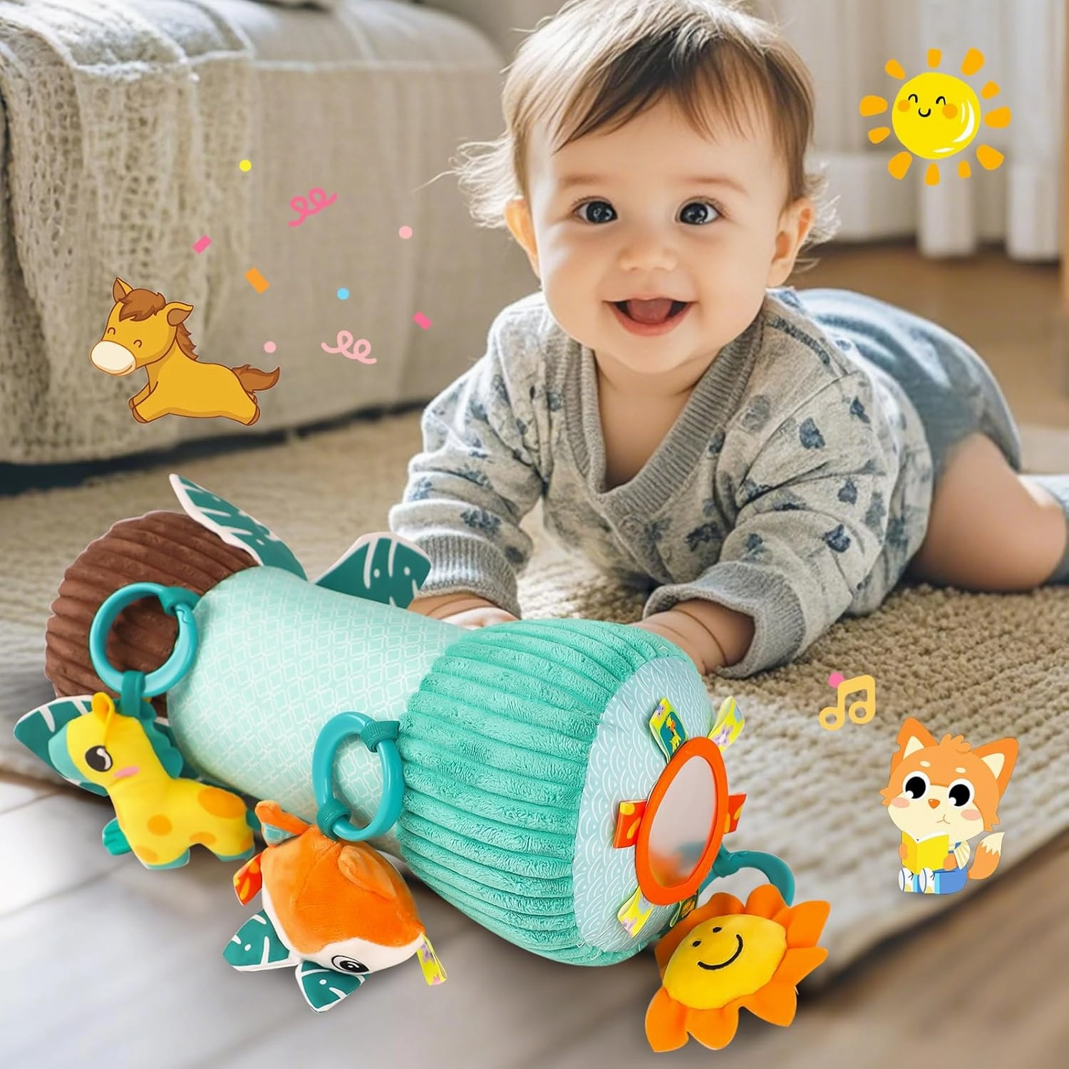 Inflatable Baby Pillow Tummy Time Toys for Newborn, Montessori Sensory Crawling Toy for Babies with Detachable Mirror, Squeaker, Teether & Rattle, Help with Brain Development (Fox)