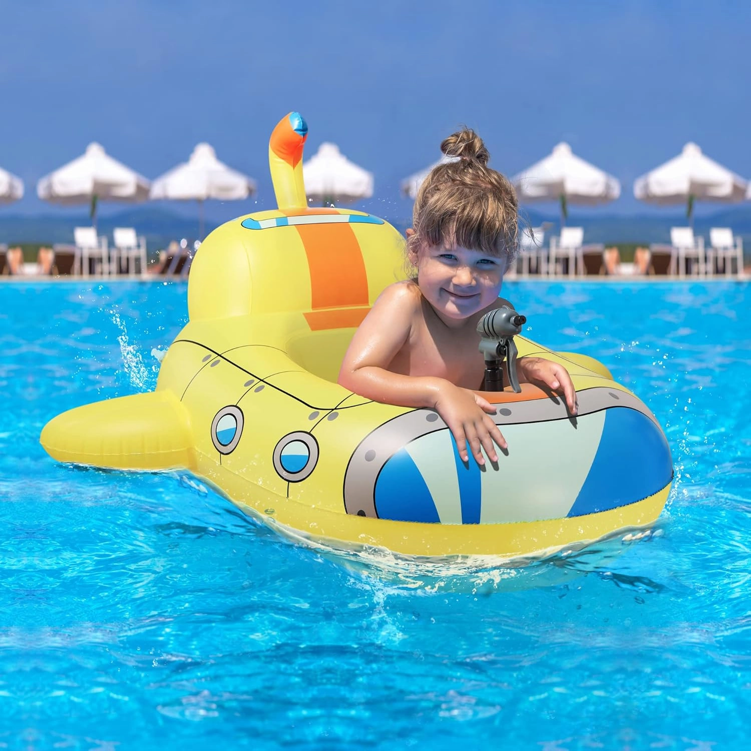 Inflatable Kids Pool Float with Water Gun, Cute Submarine Car Shape Pool Float, Pool Toys for Children, Ride-On Floaties with Squirt Gun for 3-7 Years Boys Girls