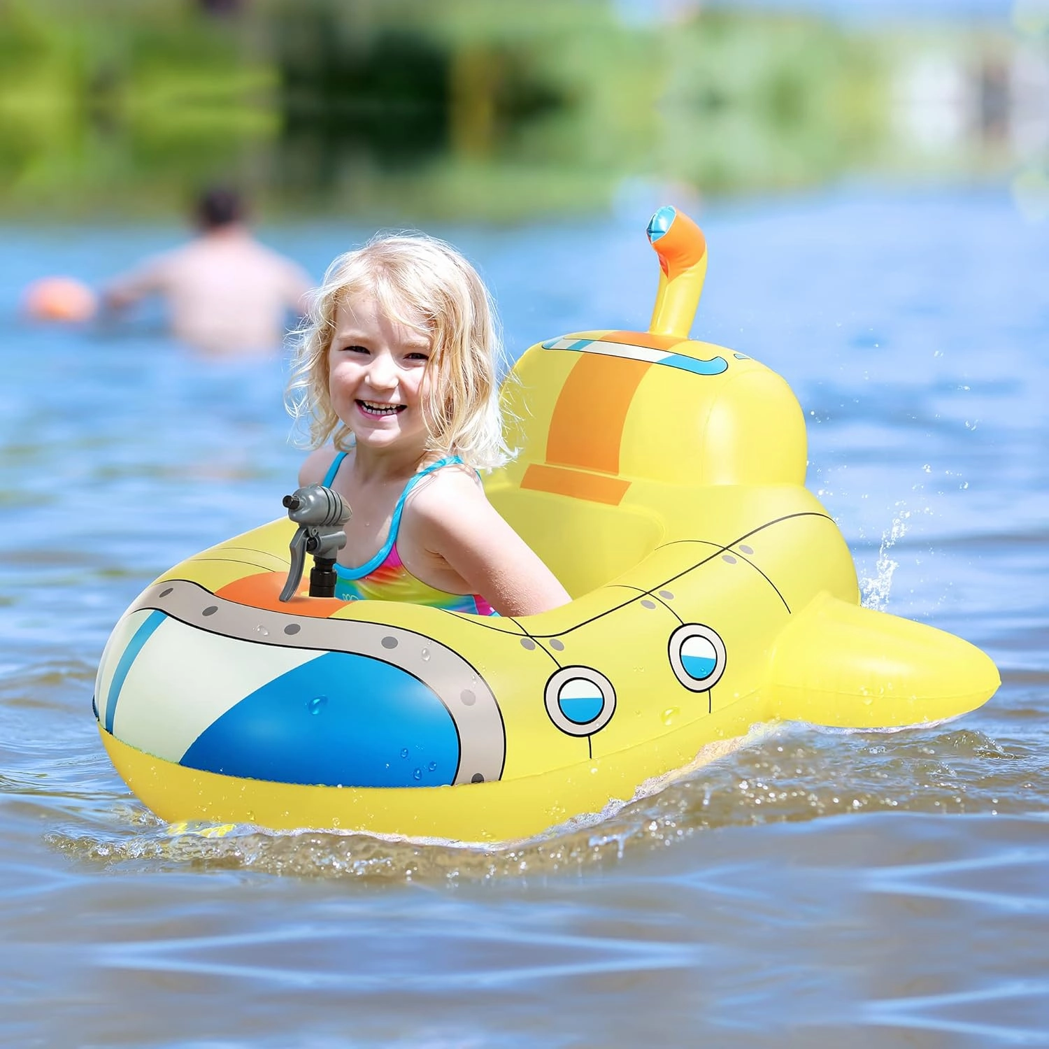 Inflatable Kids Pool Float with Water Gun, Cute Submarine Car Shape Pool Float, Pool Toys for Children, Ride-On Floaties with Squirt Gun for 3-7 Years Boys Girls