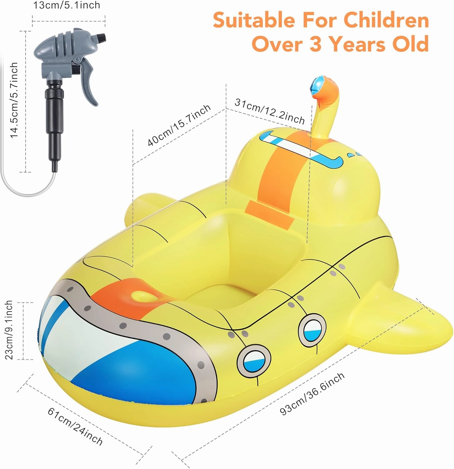 Inflatable Kids Pool Float with Water Gun, Cute Submarine Car Shape Pool Float, Pool Toys for Children, Ride-On Floaties with Squirt Gun for 3-7 Years Boys Girls