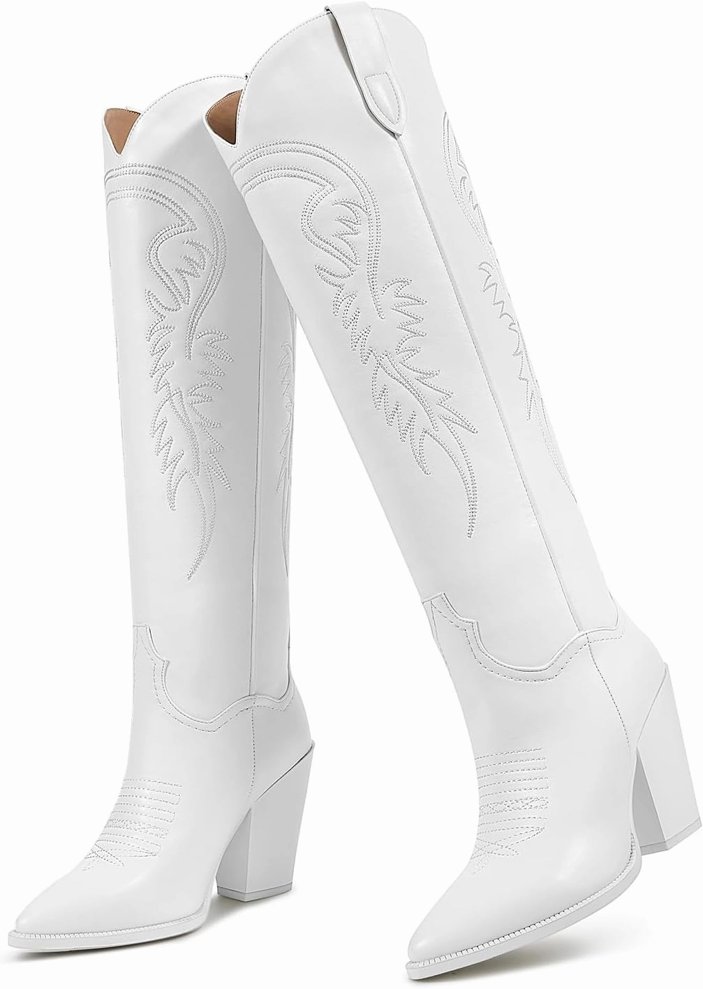 ISNOM Women's Cowgirl Boots Pull On Knee High Boots, Cowboy Western Embroidered Chunky Block Heel Pointed Toes Boots